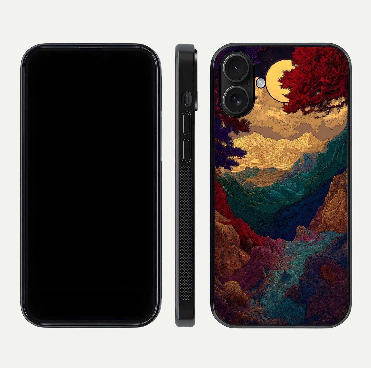 Mystic Valley Light Glass Case for iPhone 16 front & back layout displaying landscape tones and edges