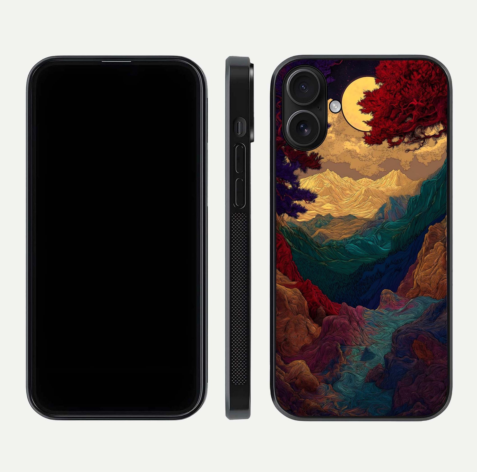 Mystic Valley Light Glass Case for iPhone 16 front & back layout displaying landscape tones and edges