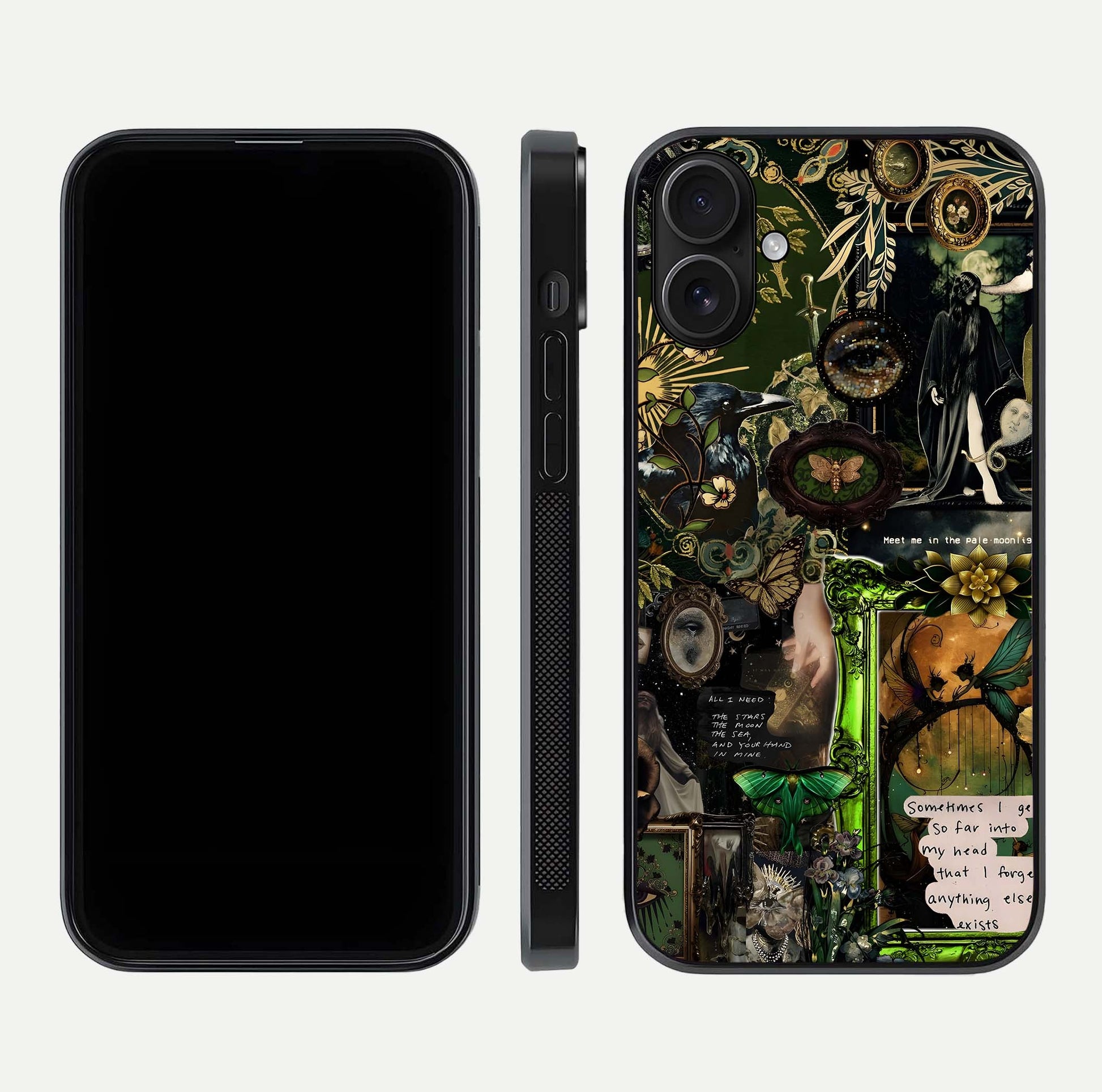 Mystic Woods Secret Glass Case for iPhone 16 front & back layout showing nature theme and smooth edges