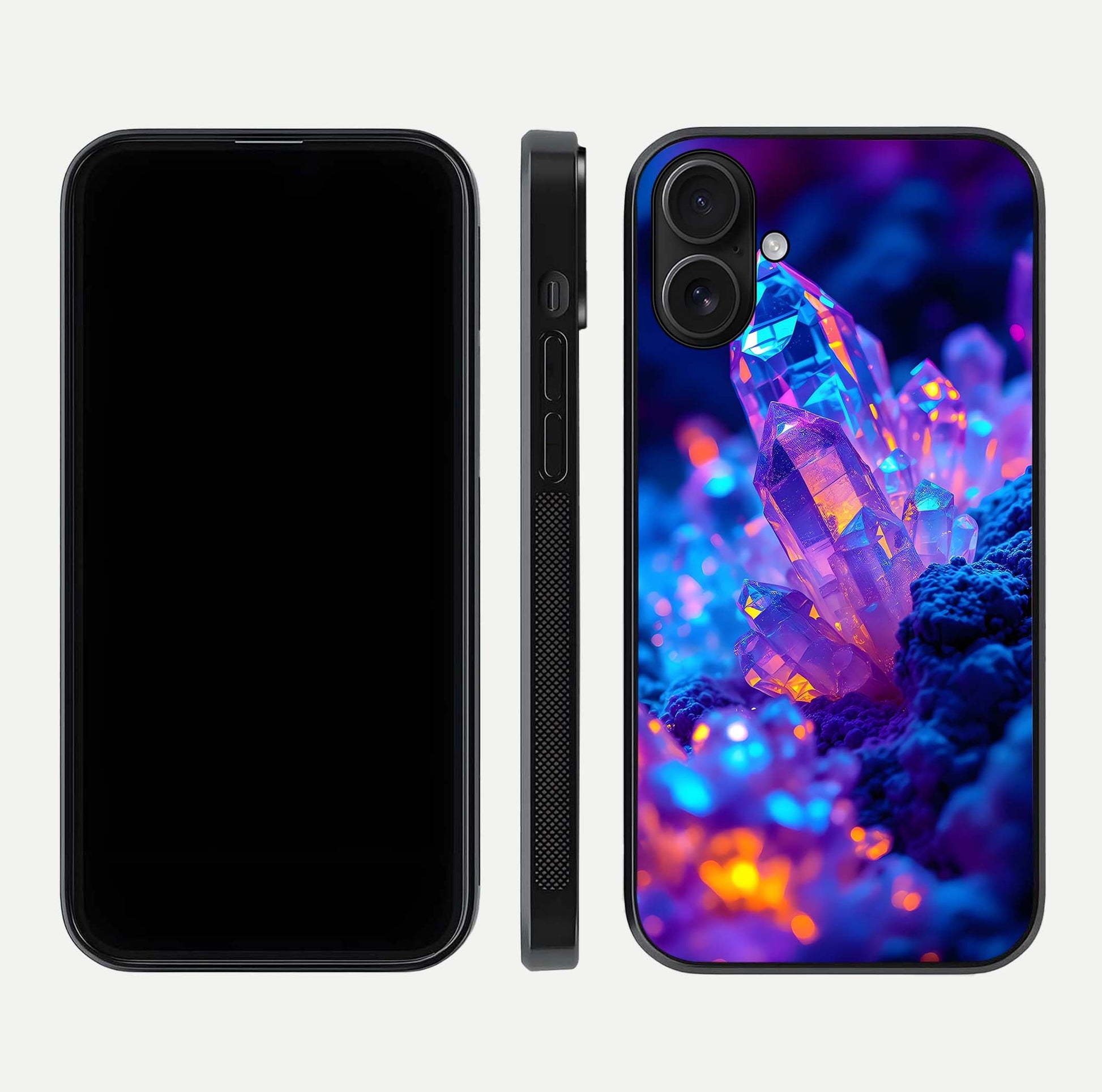 Neon Aura Shards Glass Case for iPhone 16 front & back layout showing vivid tones and edge finish