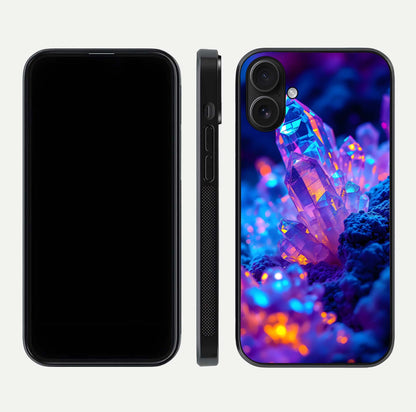Neon Aura Shards Glass Case for iPhone 16 front & back layout showing vivid tones and edge finish