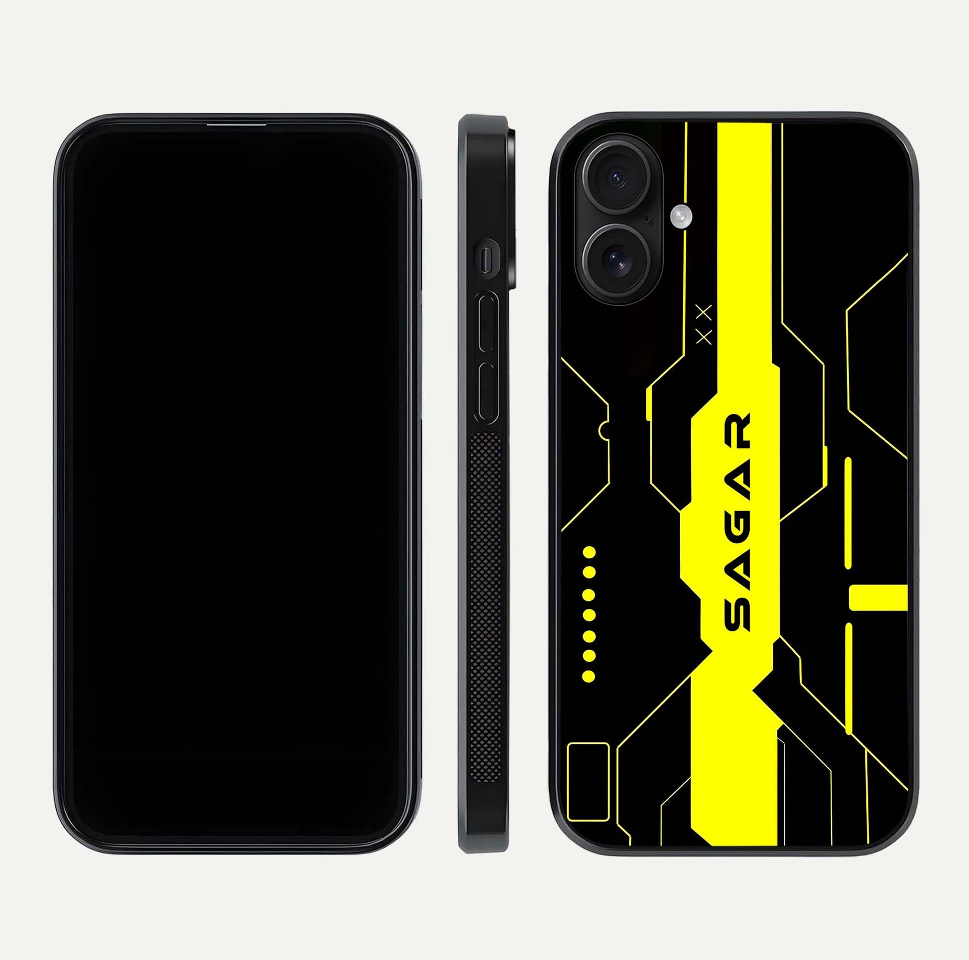 Neon CYBERPUNK Custom Name Glass Case for iPhone 16 front & back layout showing tech art and custom edge