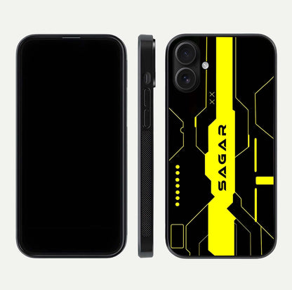 Neon CYBERPUNK Custom Name Glass Case for iPhone 16 front & back layout showing tech art and custom edge