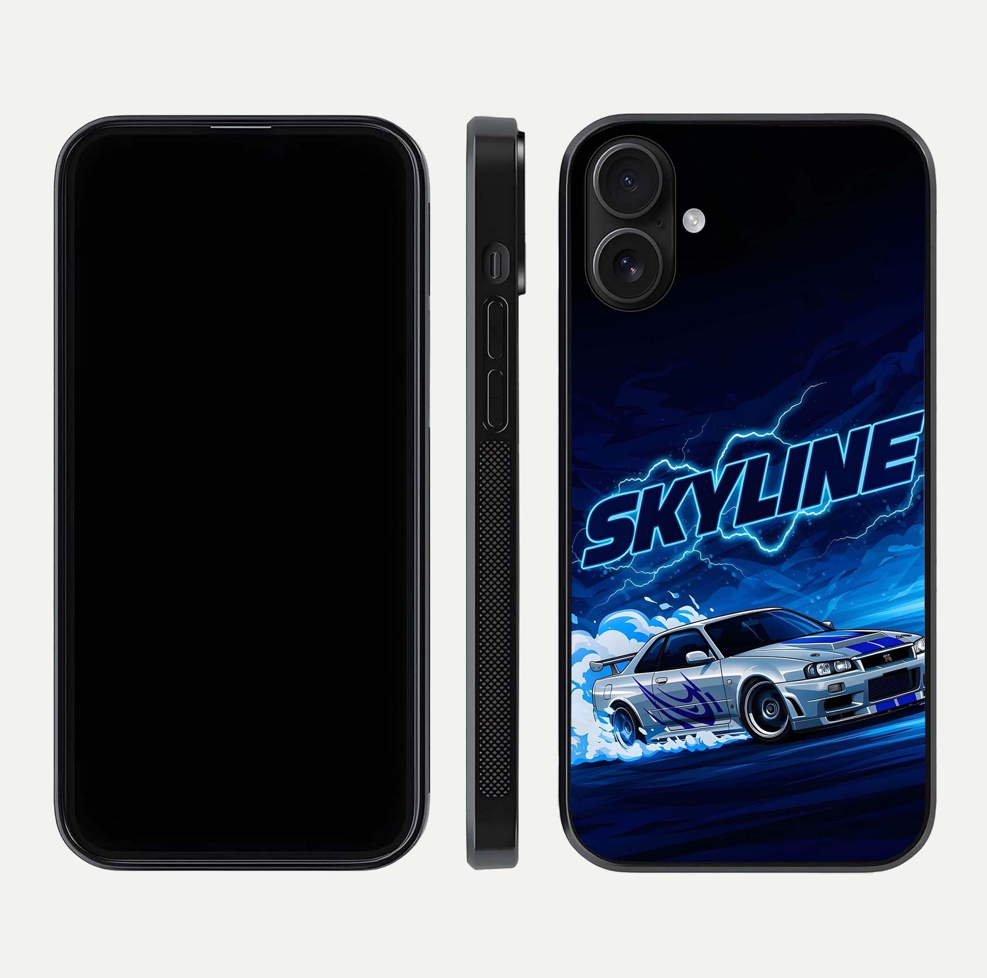 Neon Drift Beast Glass Case for iPhone 16 front & back layout showing car silhouette and edge design