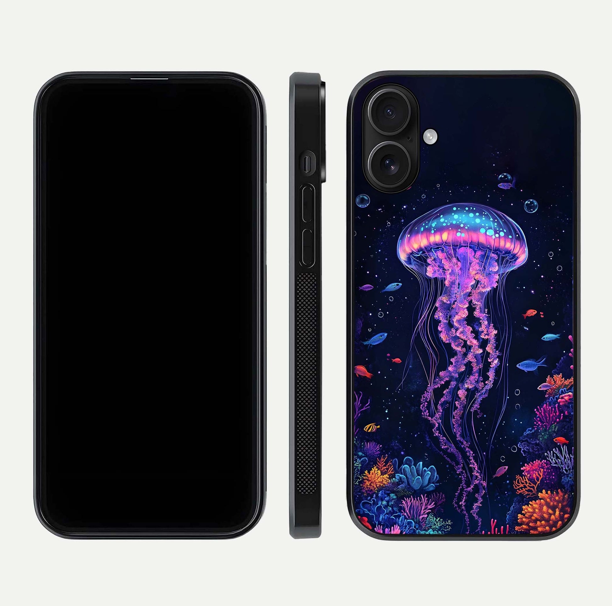 Neon Jellyfish Glass Case for iPhone 16 front & back layout highlighting HD marine art and curved edges