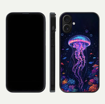 Neon Jellyfish Glass Case for iPhone 16 front & back layout highlighting HD marine art and curved edges