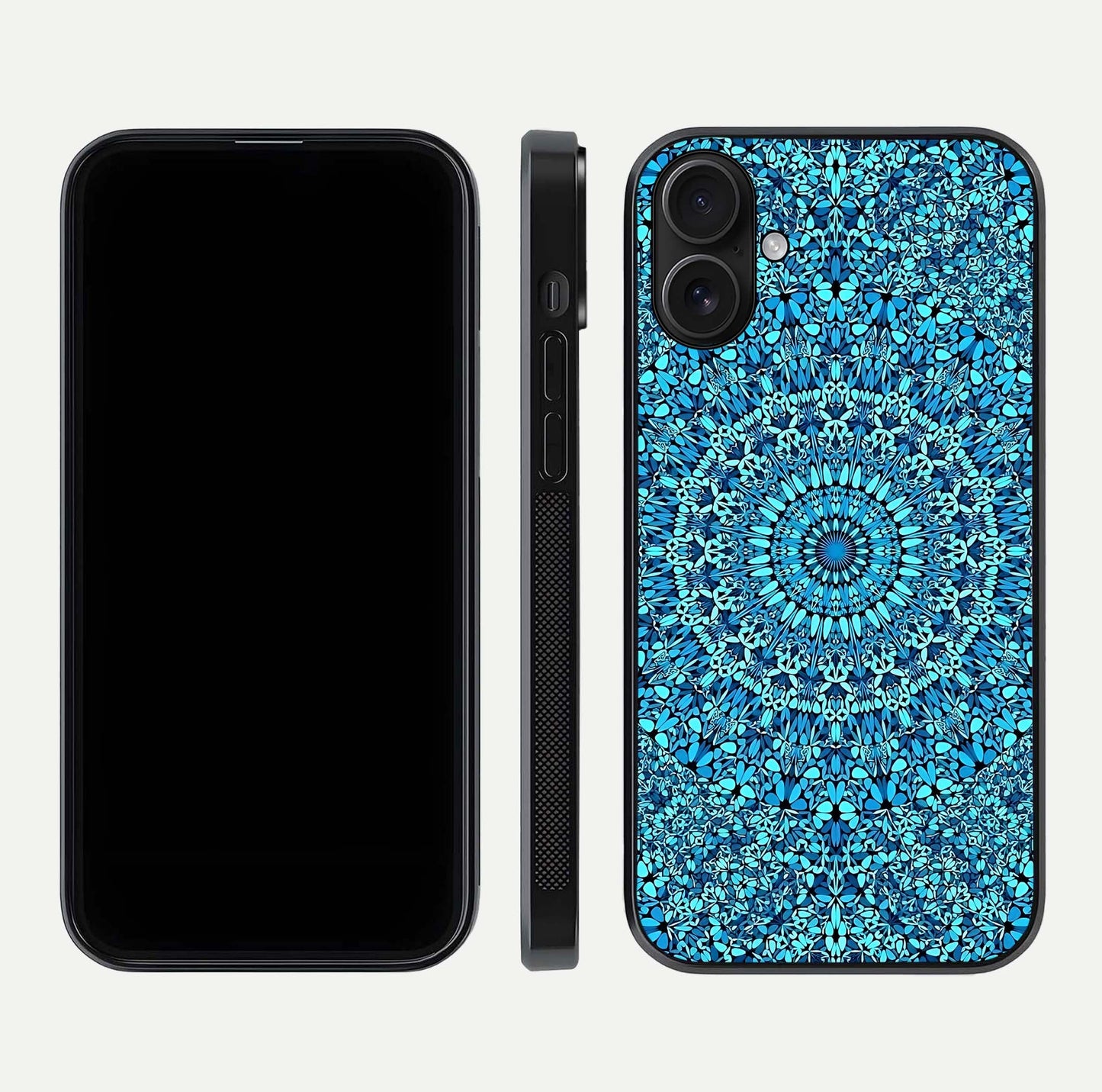 Ocean Bloom Mandala Glass Case for iPhone 16 front & back layout showing ocean tone design and edges
