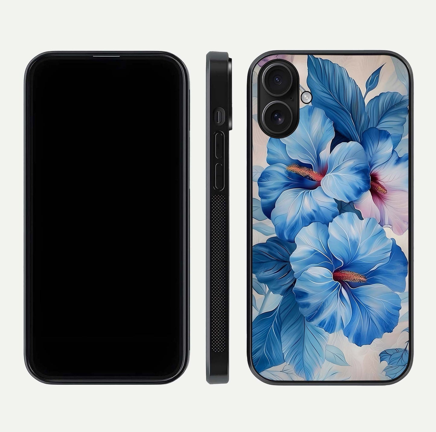 Ocean Hibiscus Grace Glass Case for iPhone 16 front & back layout showing vibrant oceanic tones and curves