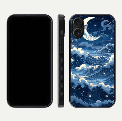 Ocean Moon Waves Glass Case for iPhone 16 front & back layout highlighting water flow and smooth edges