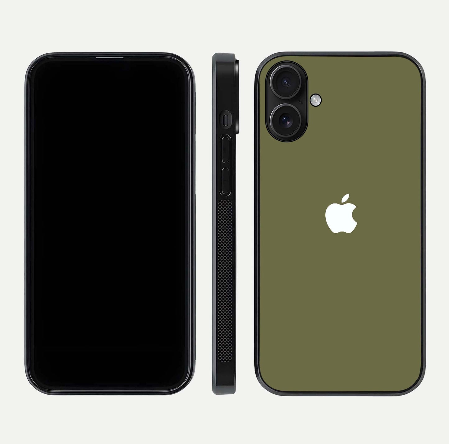 Olive Matte Essence Glass Case for iPhone 16 front & back layout highlighting simple design and clean edges