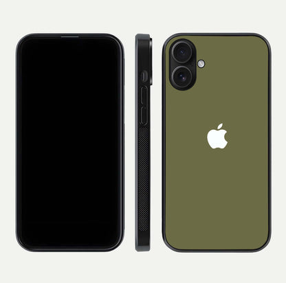 Olive Matte Essence Glass Case for iPhone 16 front & back layout highlighting simple design and clean edges