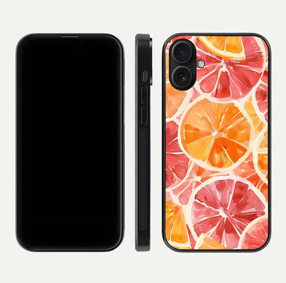 Orange Fruits Pattern Glass Case for iPhone 16 front & back layout highlighting bright colors and clean edges
