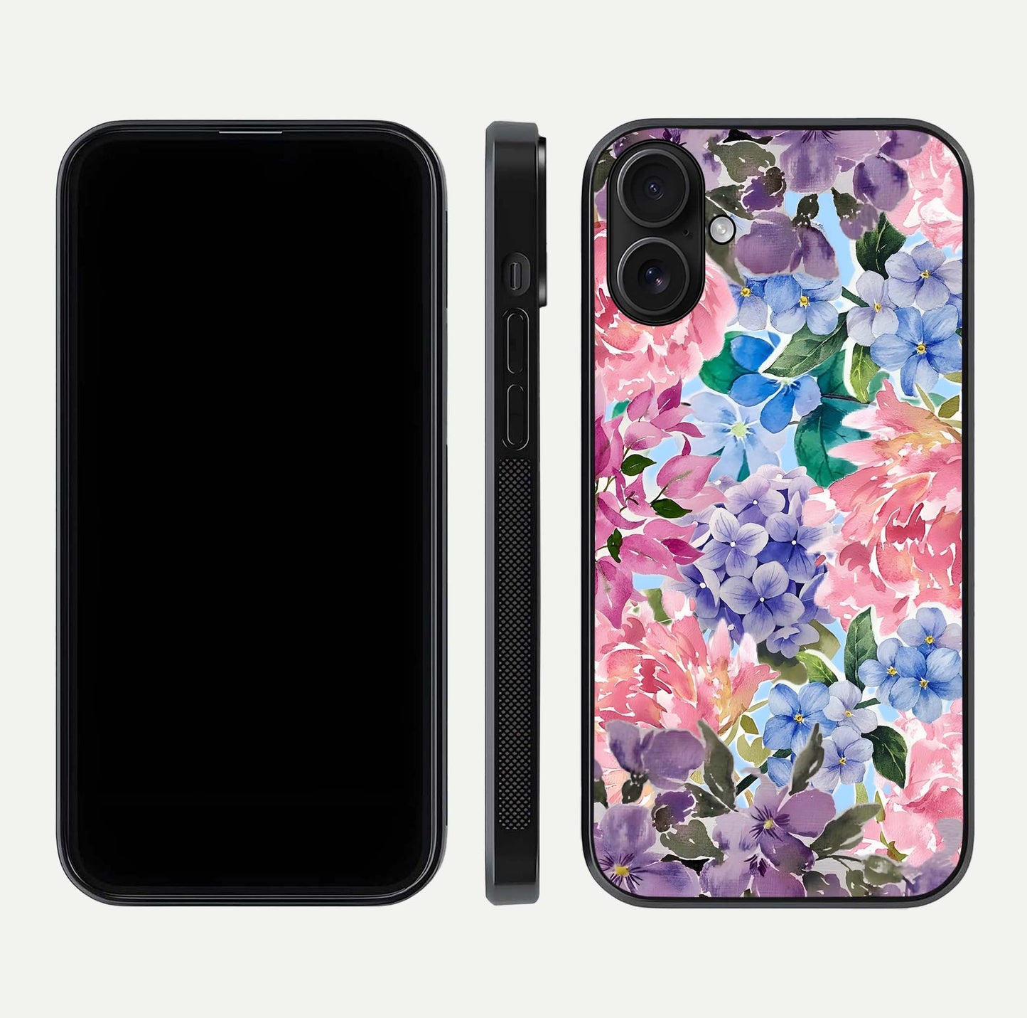 Pastel Floral Mix Glass Case for iPhone 16 front & back layout showing gentle tones and elegant edges