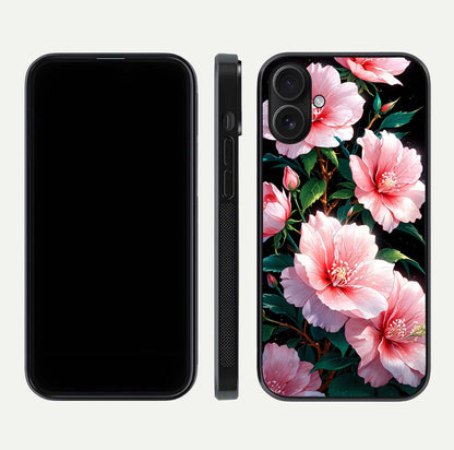 Peach Flower Glass Case for iPhone 16 front & back layout showing elegant floral tones and smooth edges