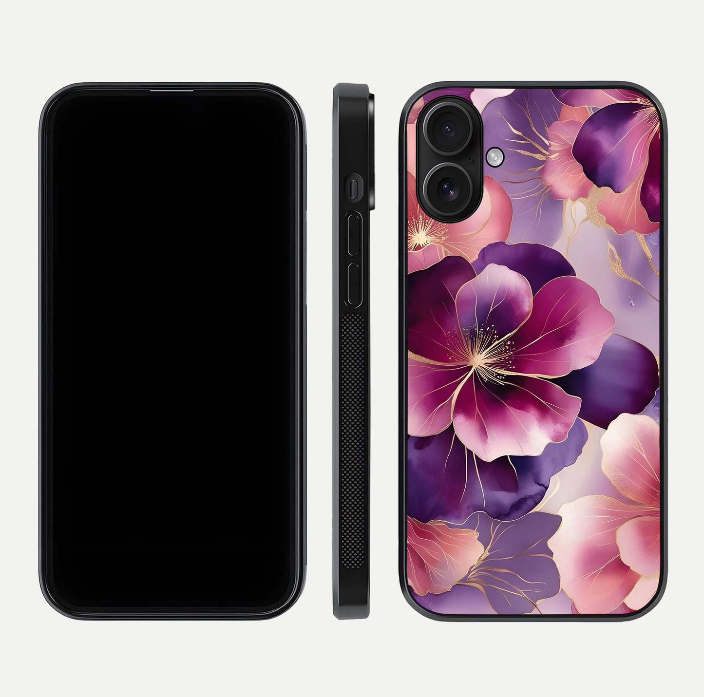 Pink Bouquet Florals Glass Case for iPhone 16 front & back layout highlighting vivid petals and smooth edges