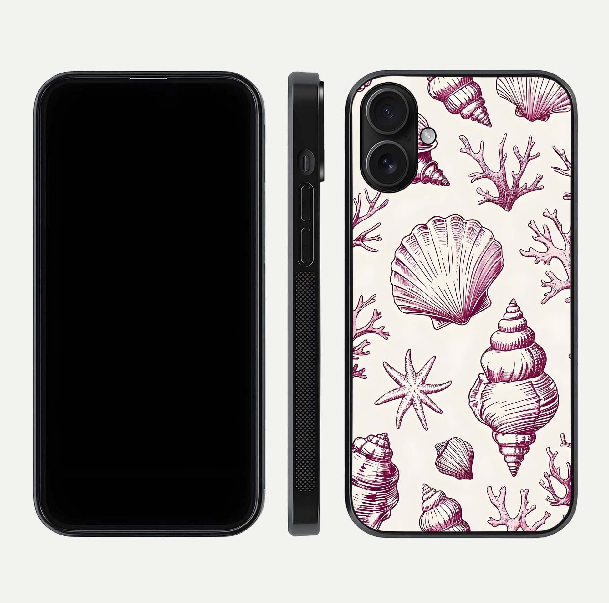 Pink Shells Outline Glass Case for iPhone 16 front & back layout showing soft pastel tones and edge design