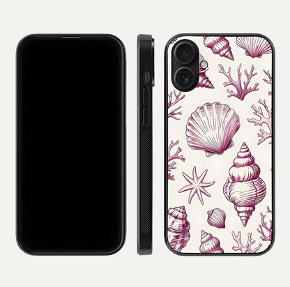 Pink Shells Outline Glass Case for iPhone 16 front & back layout showing soft pastel tones and edge design