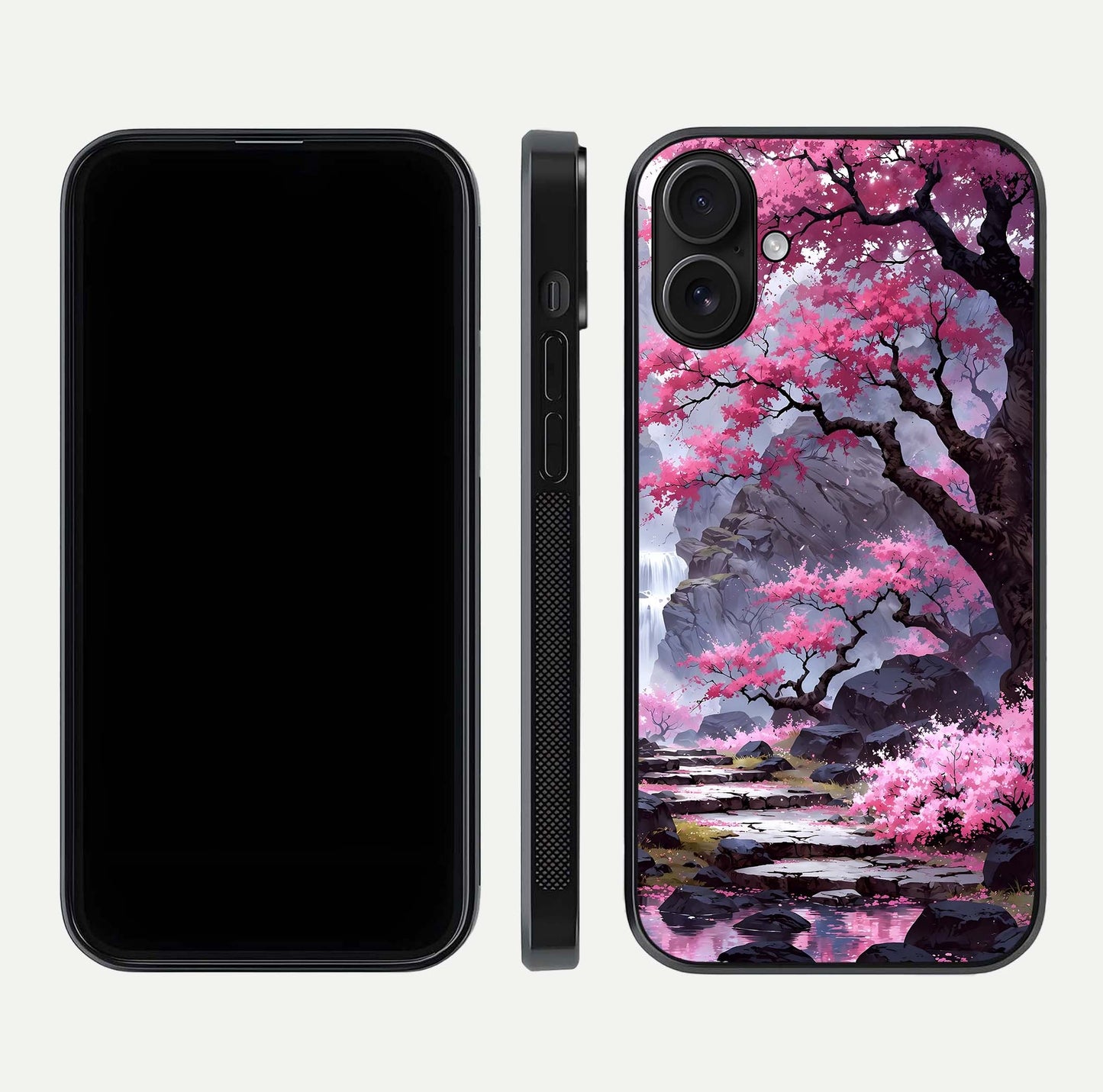 Pinkish Scenery Glass Case for iPhone 16 front & back layout showing landscape art and curved edge finish
