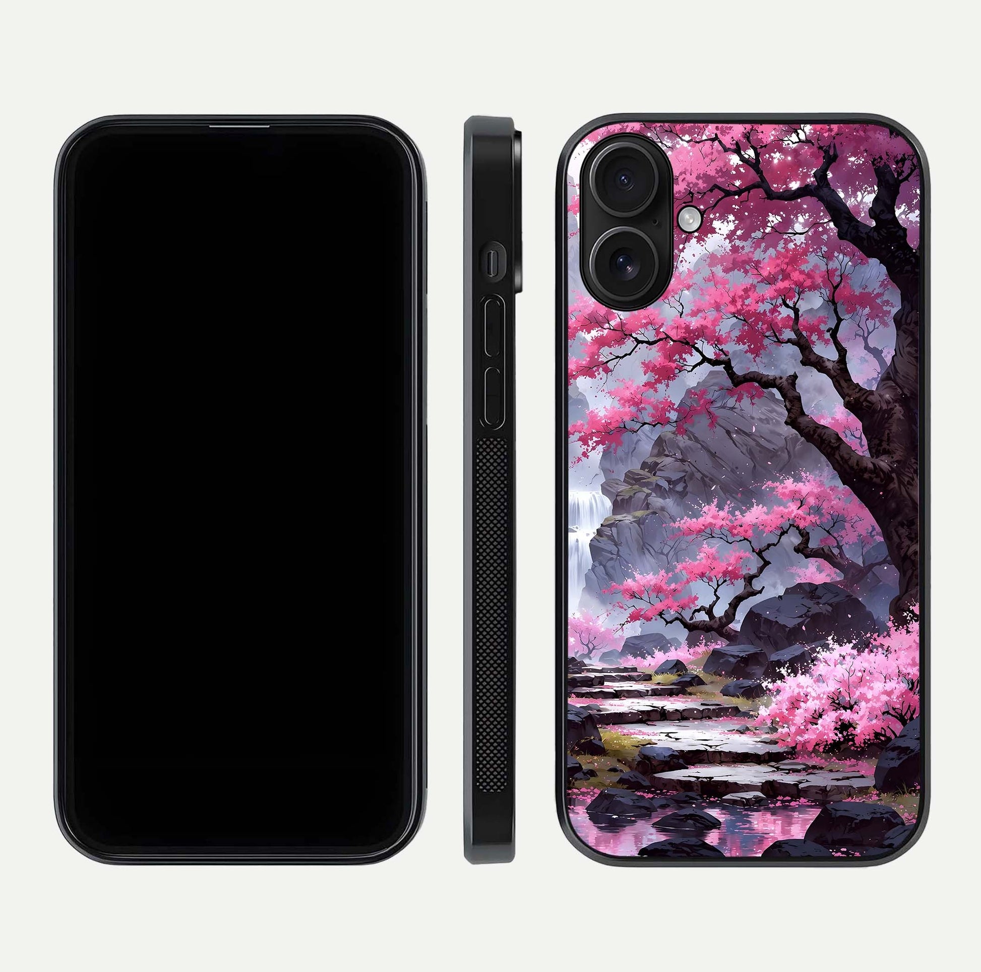 Pinkish Scenery Glass Case for iPhone 16 front & back layout showing landscape art and curved edge finish
