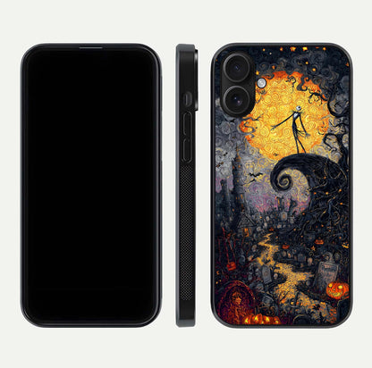 Pumpkin Moon Night Glass Case for iPhone 16 front & back layout highlighting festive tones and smooth edges