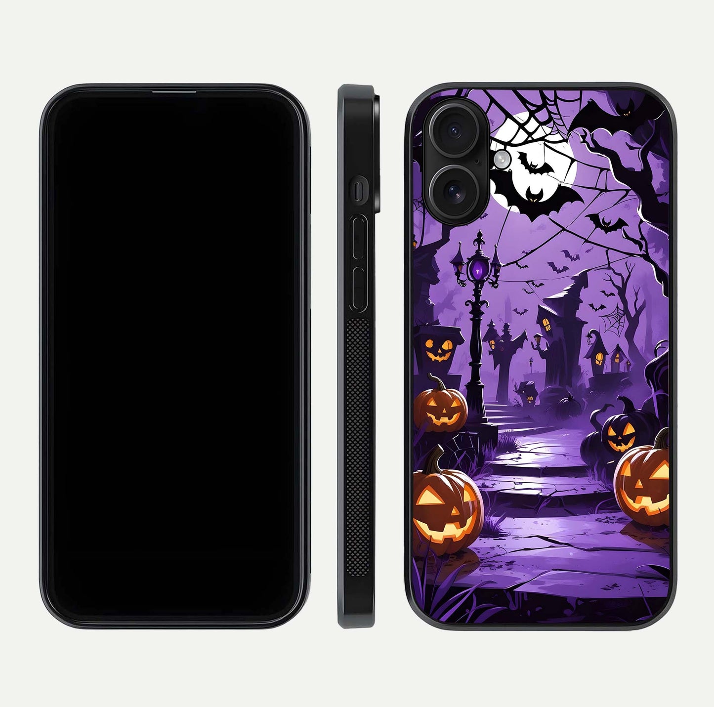Pumpkin Patch Halloween Glass Case for iPhone 16 front & back layout showing festive Halloween print