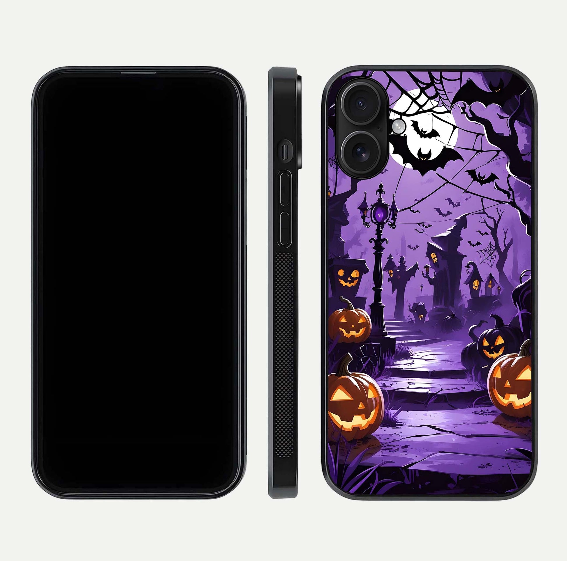 Pumpkin Patch Halloween Glass Case for iPhone 16 front & back layout showing festive Halloween print