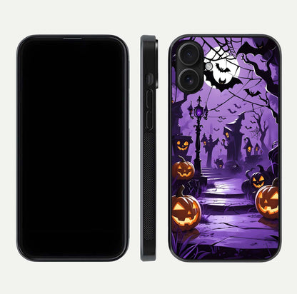 Pumpkin Patch Halloween Glass Case for iPhone 16 front & back layout showing festive Halloween print