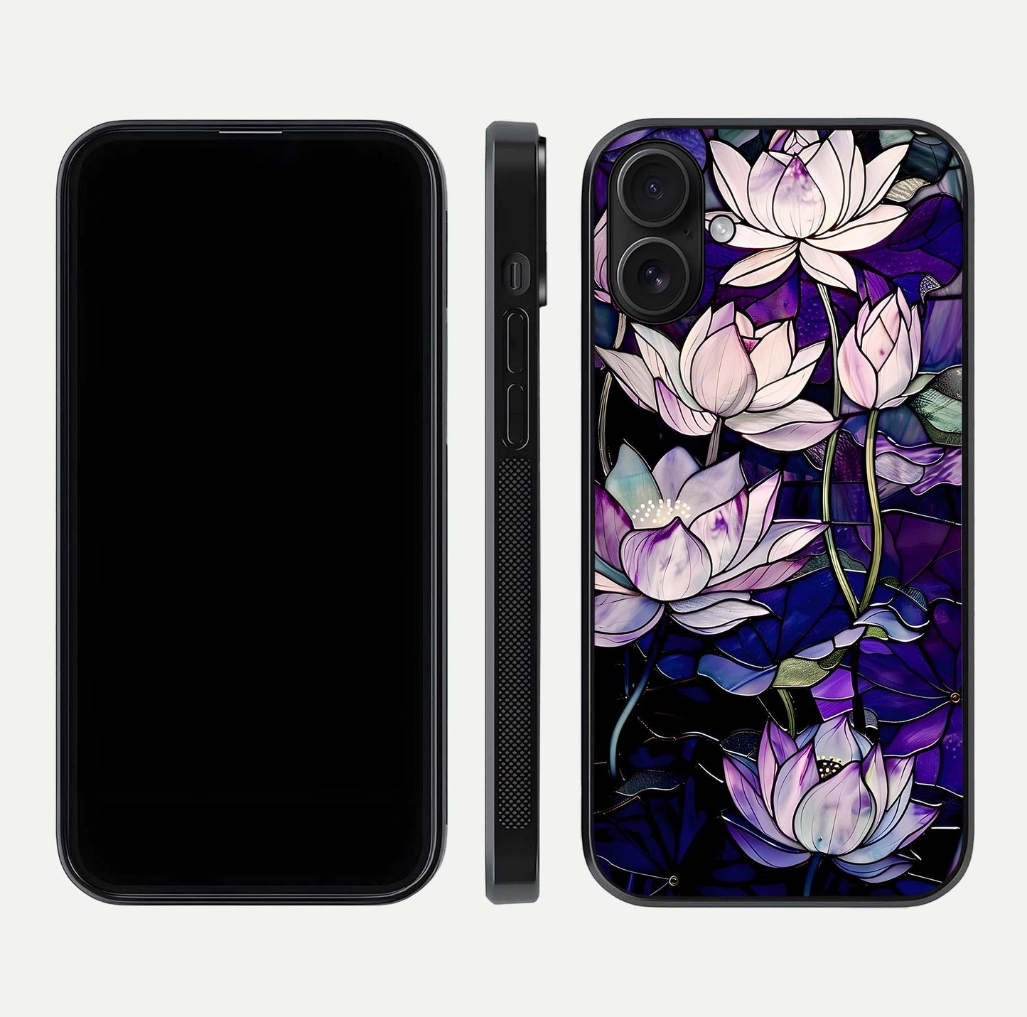 Purple Lotus Pattern Glass Case for iPhone 16 front & back layout highlighting floral tones and soft edges
