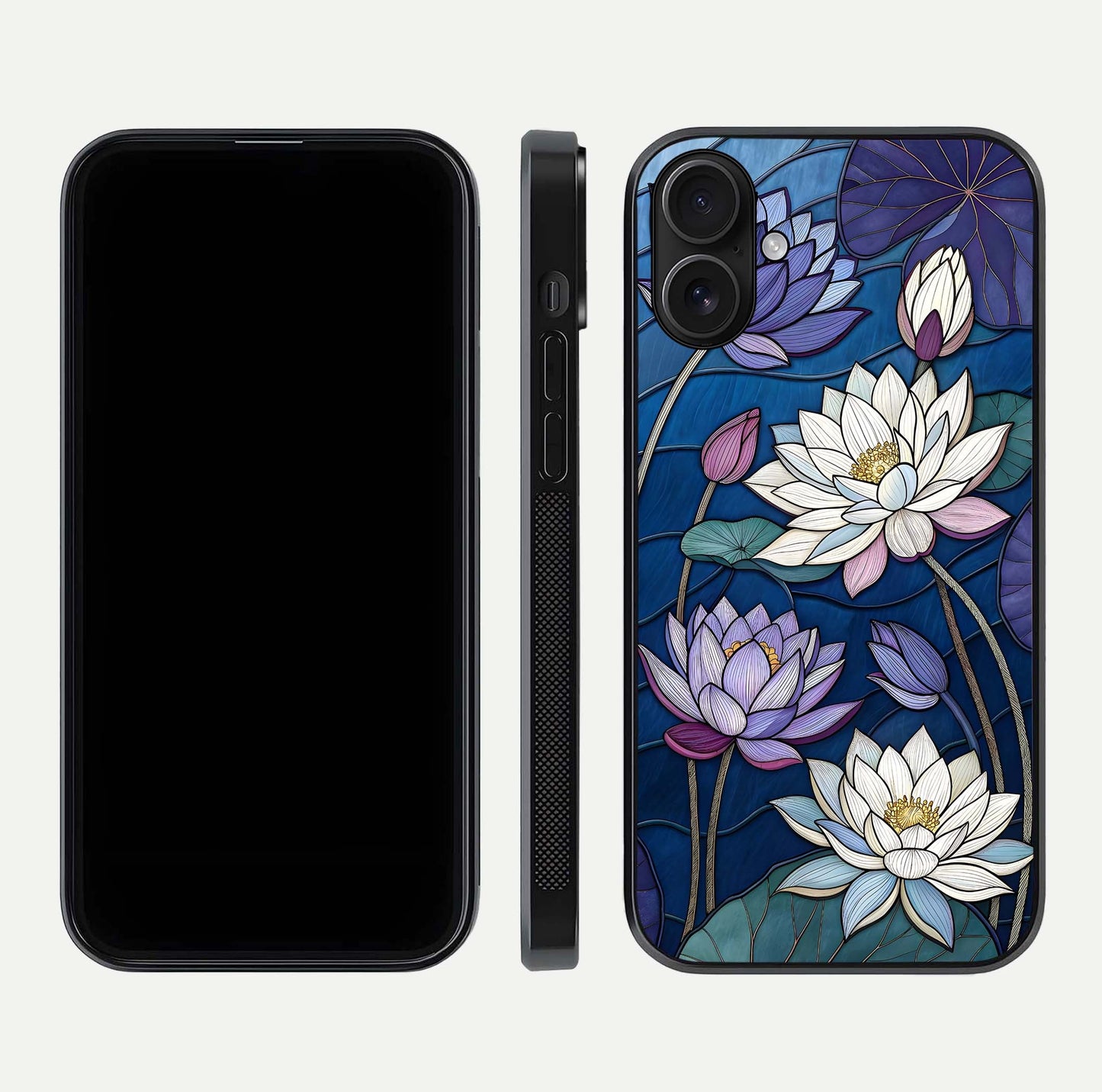 Purple Lotus Stained Glass Case for iPhone 16 front & back layout showing bright tones and smooth edge finish