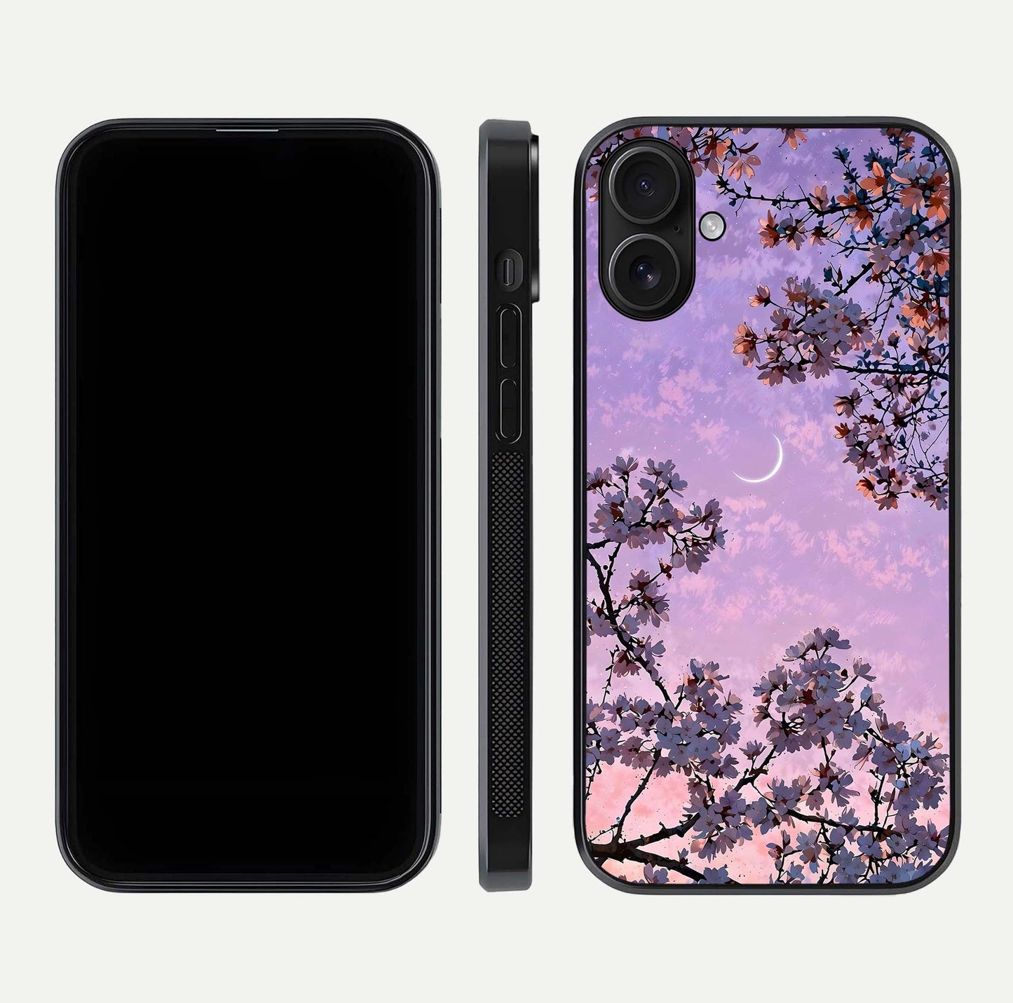 Purple Serenity Moon Glass Case for iPhone 16 front & back layout highlighting celestial tones and curves