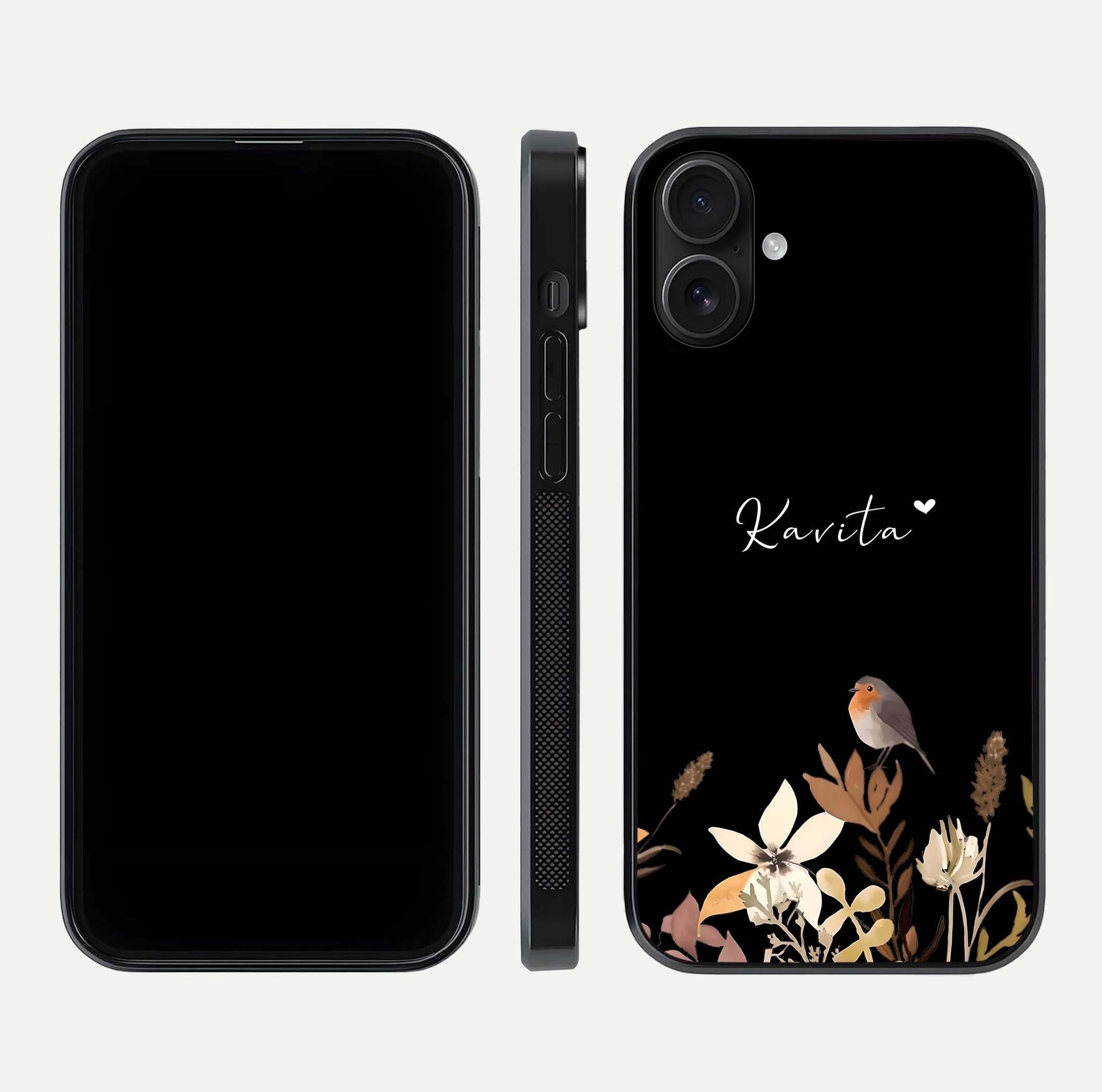 Quiet Garden Tune Custom Name Glass Case for iPhone 16 front & back layout highlighting name area and edges