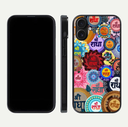 Radha Divine Bloom Glass Case for iPhone 16 front & back layout showing spiritual tones and elegant edges