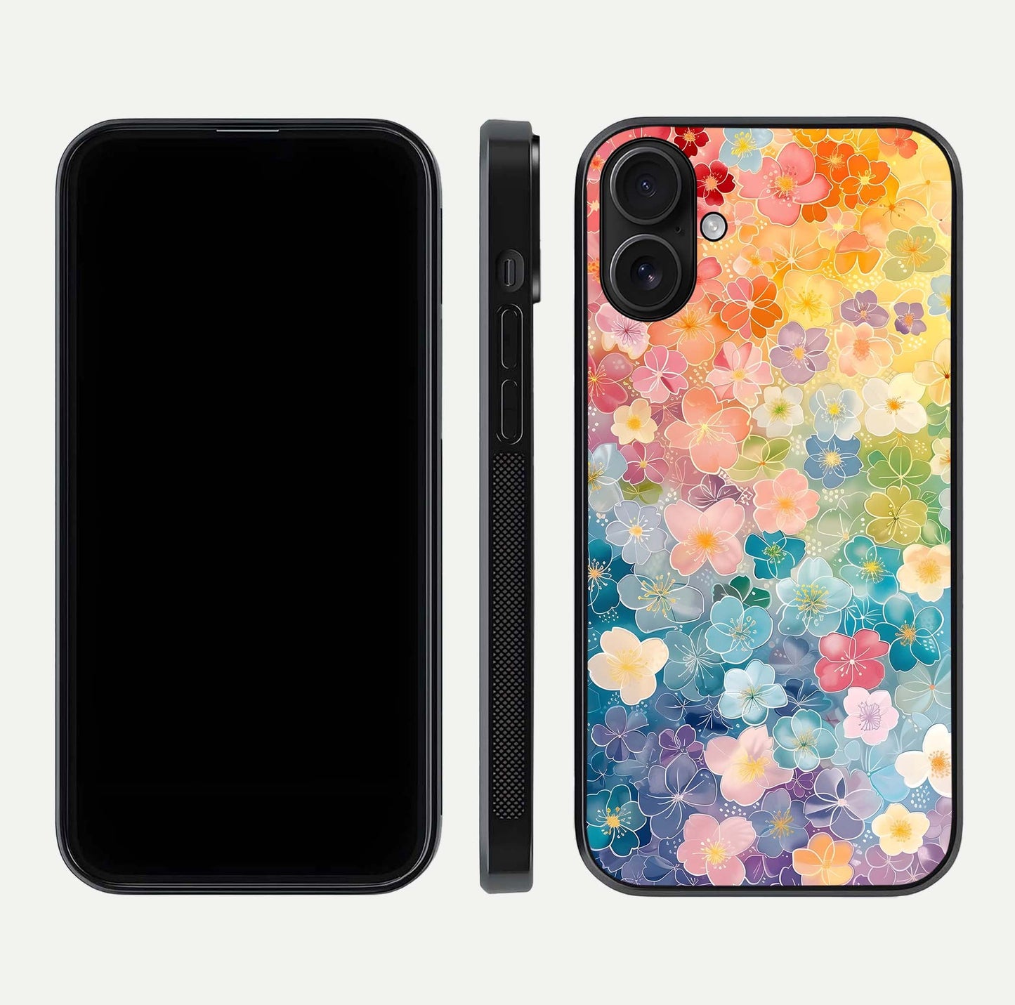 Rainbow Blossom Burst Glass Case for iPhone 16 front & back layout showing bright tones and edge finish