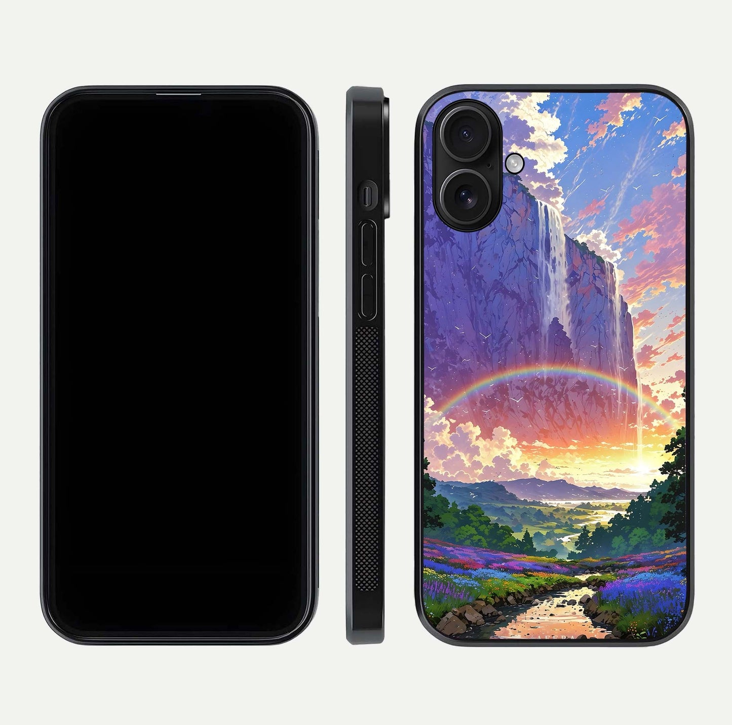 Rainbow Valley Dream Glass Case for iPhone 16 front & back layout showing smooth color blend and curved edge