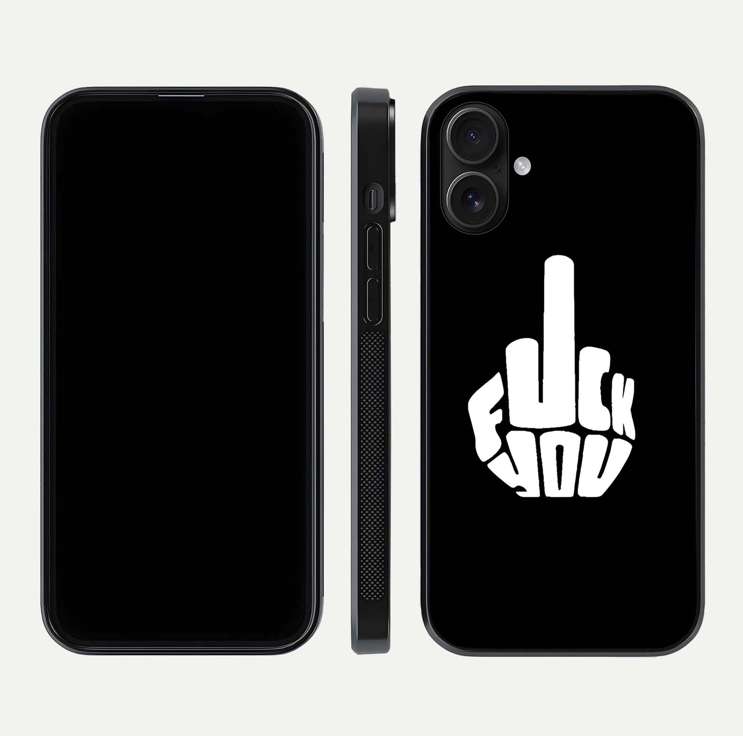 Rebel Mode On Glass Case for iPhone 16 front & back layout showing minimal tone and clean edge fit