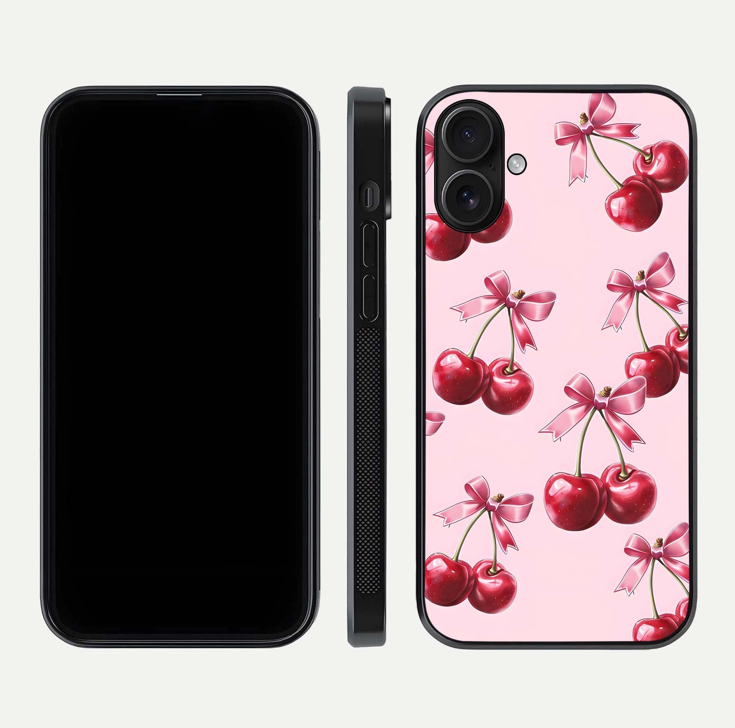 Red Cherries Pattern Glass Case for iPhone 16 front & back layout highlighting vibrant fruit print and edges