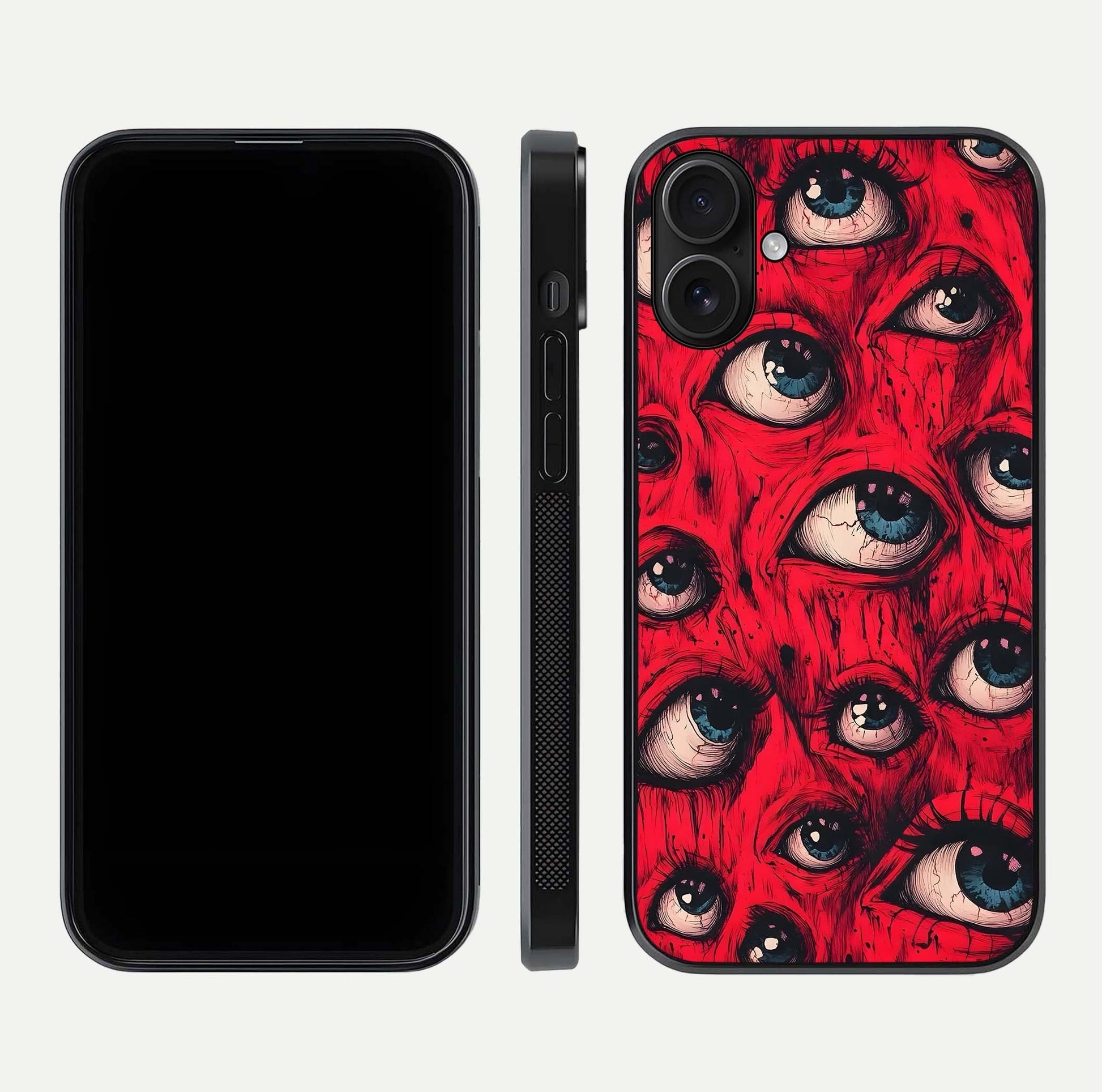 Red Eyes Pattern Glass Case for iPhone 16 front & back layout showing sharp edge finish and design depth