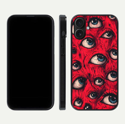 Red Eyes Pattern Glass Case for iPhone 16 front & back layout showing sharp edge finish and design depth