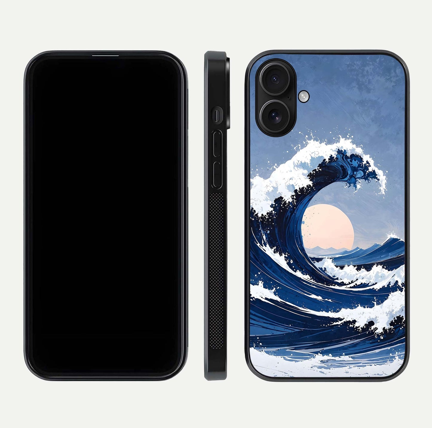 Rising Tide Power Glass Case for iPhone 16 front & back layout showing ocean design and smooth glass edge