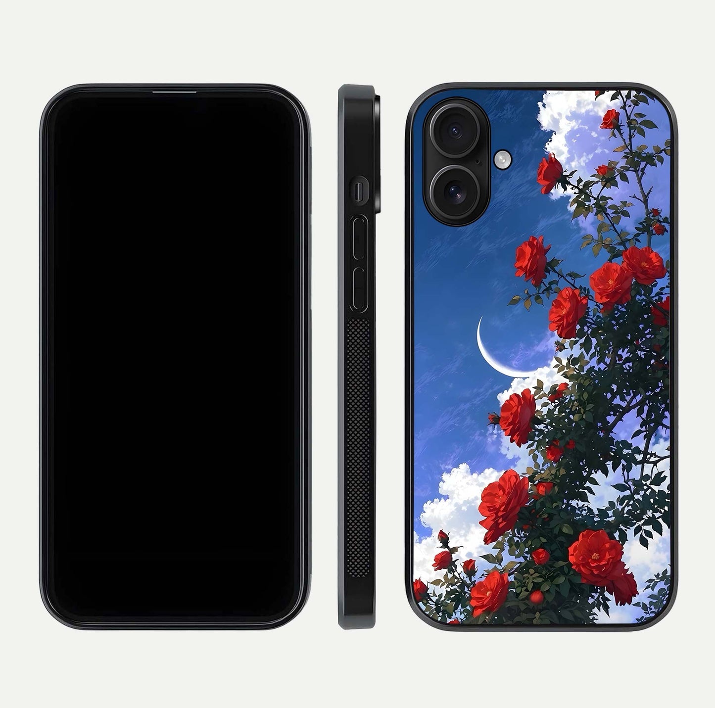 Rose Drift Flowers Glass Case for iPhone 16 front & back layout showing rose gradient tones and edges