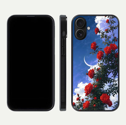 Rose Drift Flowers Glass Case for iPhone 16 front & back layout showing rose gradient tones and edges