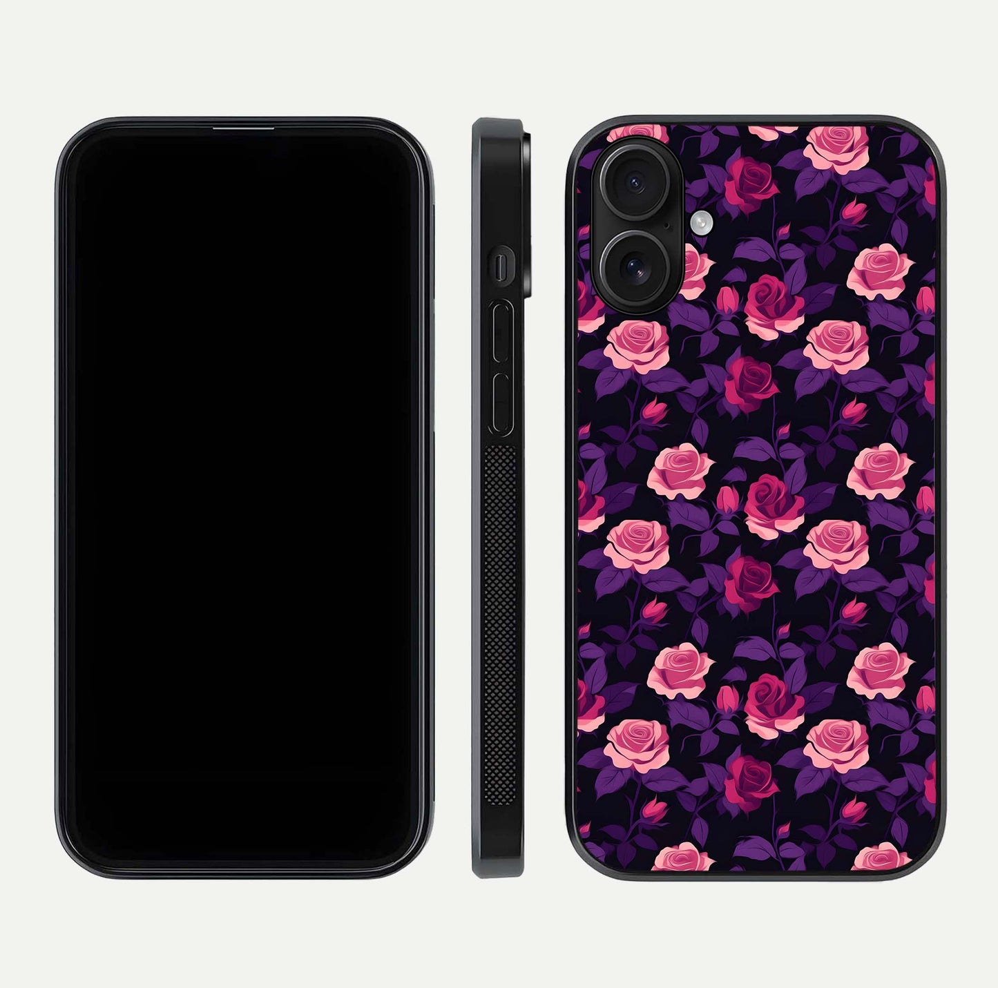 Rose Garden Twilight Glass Case for iPhone 16 front & back layout showing rich twilight tones and edges