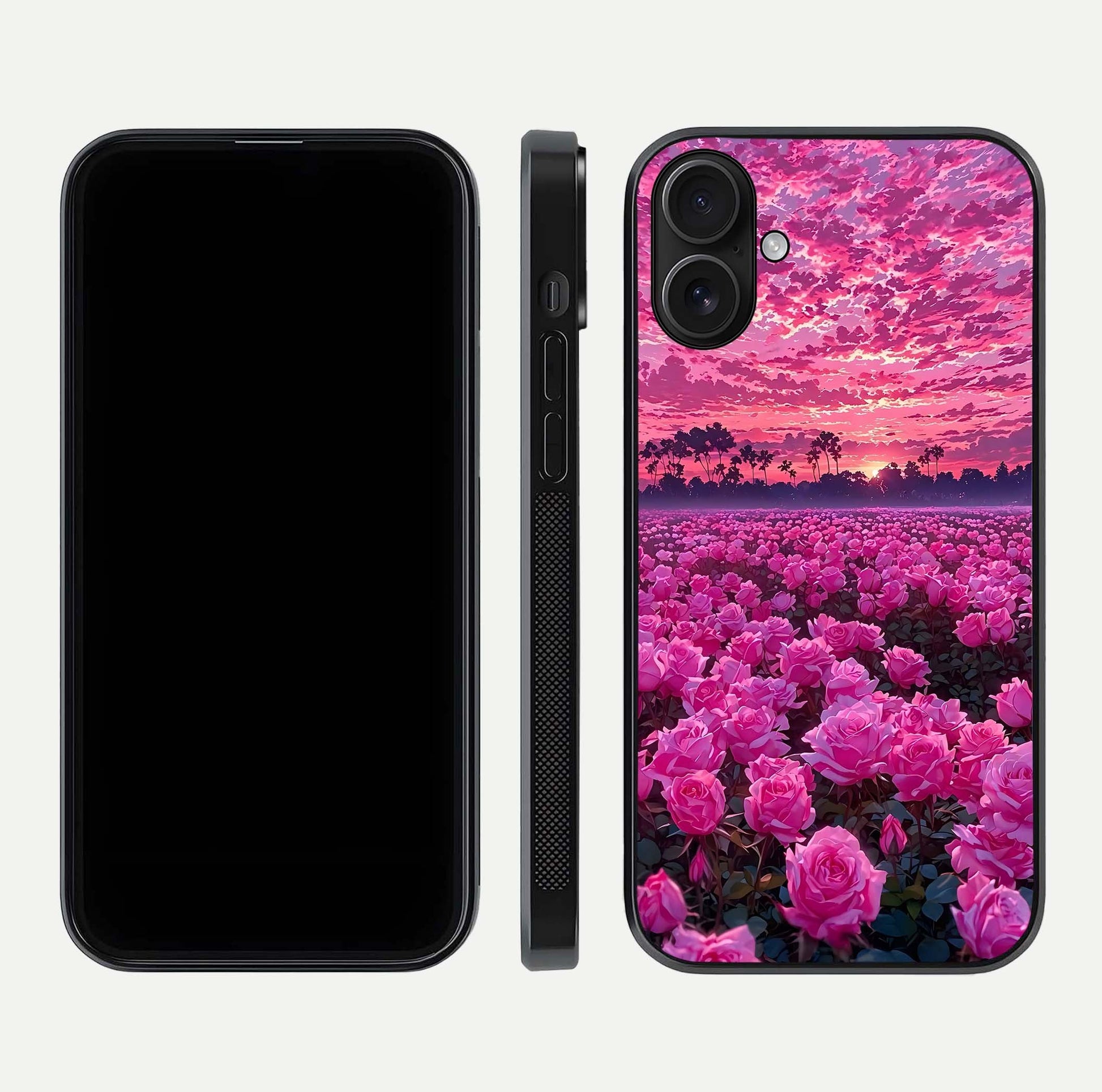 Rose Sunset Valley Glass Case for iPhone 16 front & back layout highlighting gradient tones and glass shine