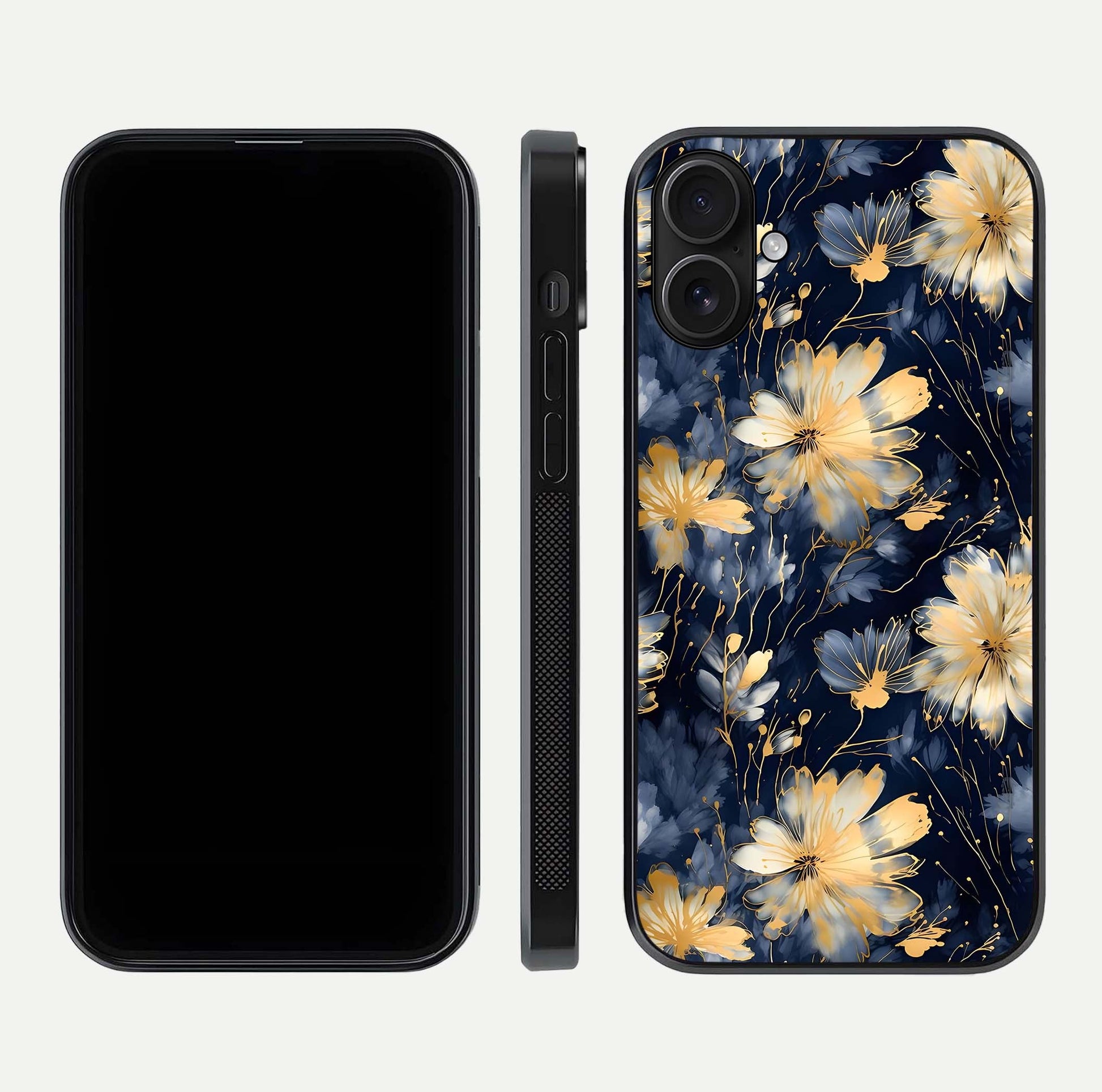 Royal Petal Dream Glass Case for iPhone 16 front & back layout showing floral pattern and clean edge finish