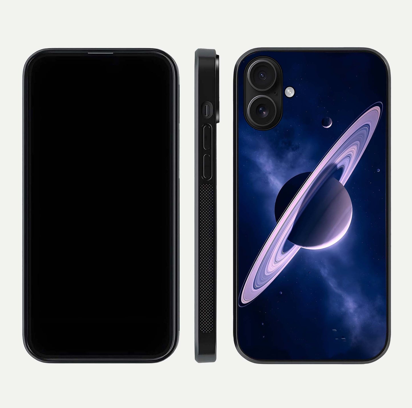 Saturn Ring Mystique Glass Case for iPhone 16 front & back layout showing cosmic tones and edge glow