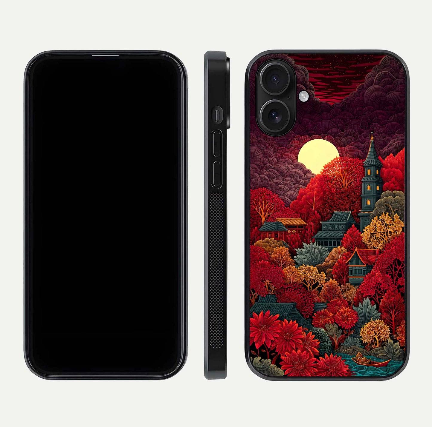 Scarlet Autumn Temple Glass Case for iPhone 16 front & back layout showing scenic tones and curved edges