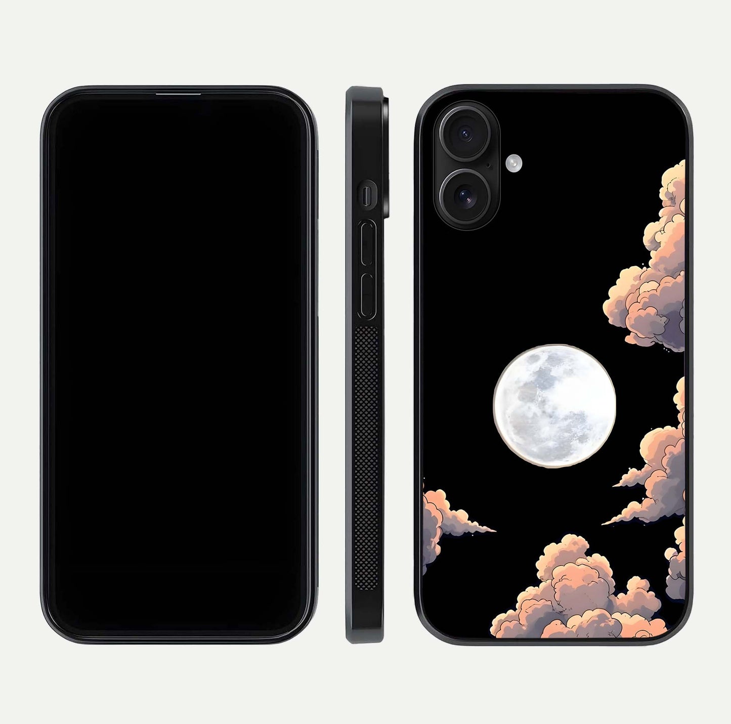 Shade Cloud Moon Glass Case for iPhone 16 front & back layout showing soft gradient tones and edges