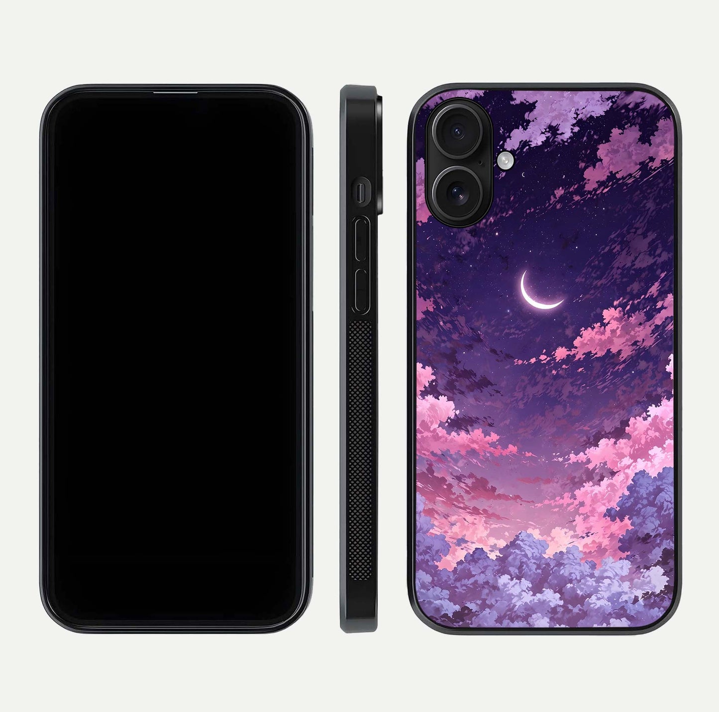 Sky Drift Clouds Glass Case for iPhone 16 front & back layout showing sky tones and smooth edge design