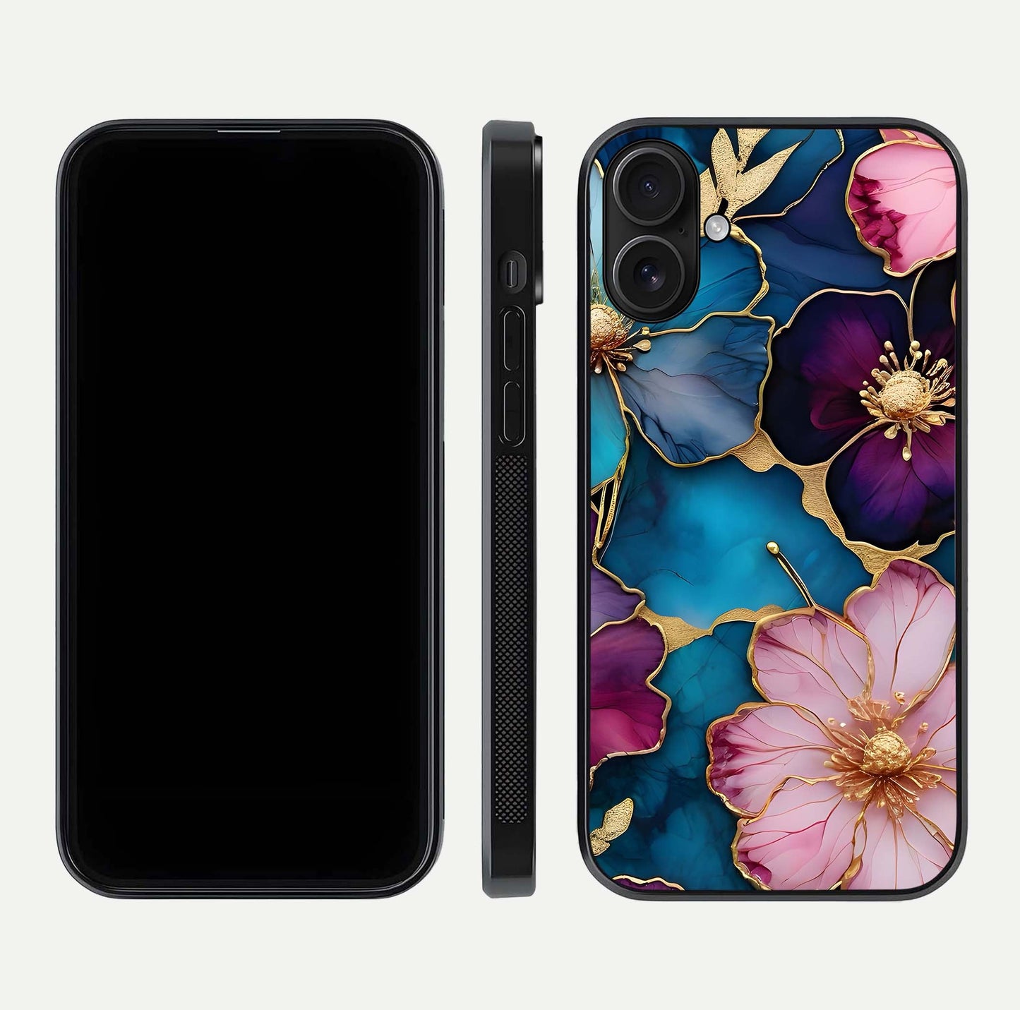 Sparkle Floral Glass Case for iPhone 16 front & back layout showing floral print and edge clarity