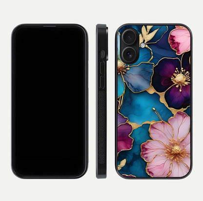Sparkle Floral Glass Case for iPhone 16 front & back layout showing floral print and edge clarity
